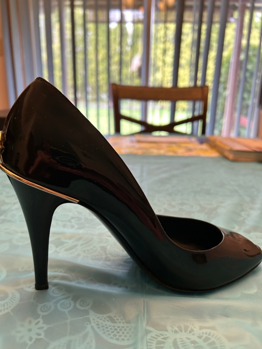 CHANEL Black Patent Leather Peep-Toe Stiletto Heels with Gold CC - Picture 4 of 12